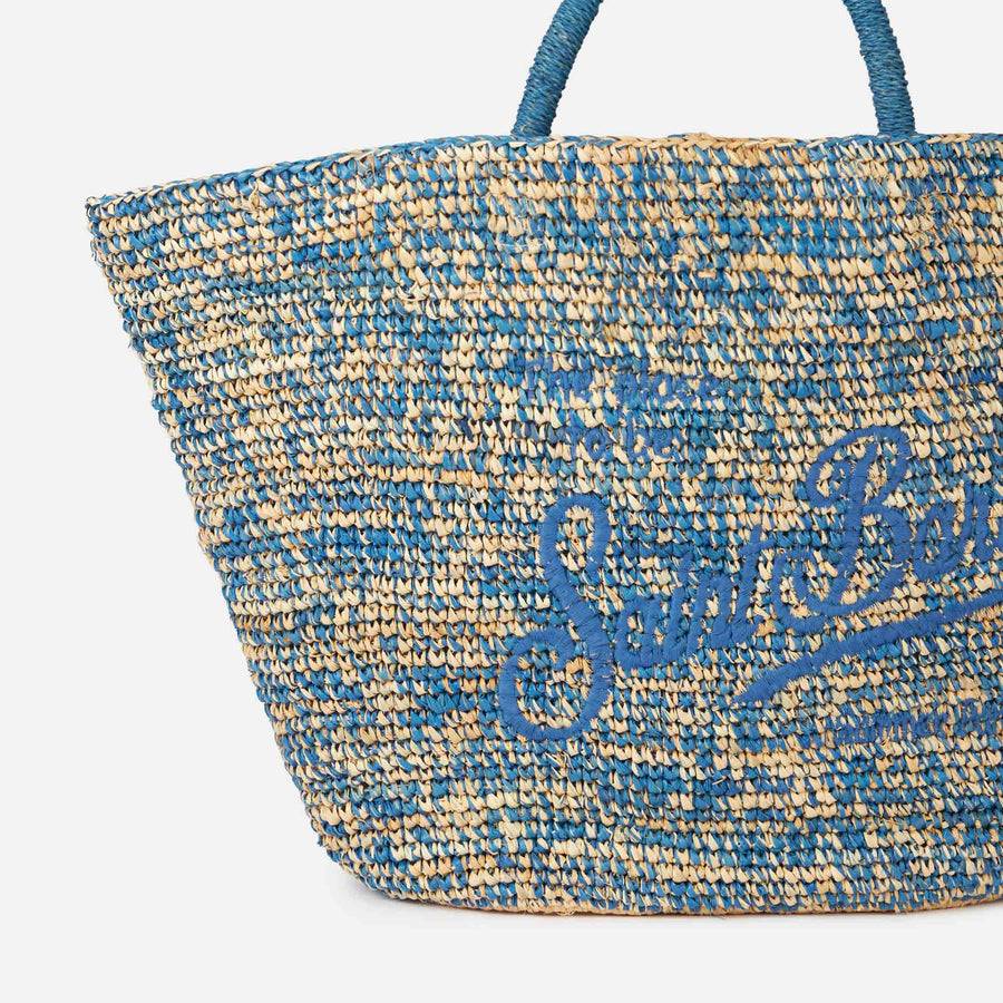 Mc2 Saint Barth Borsa In Rafia Blu E Bianca Con Ricamo Frontale