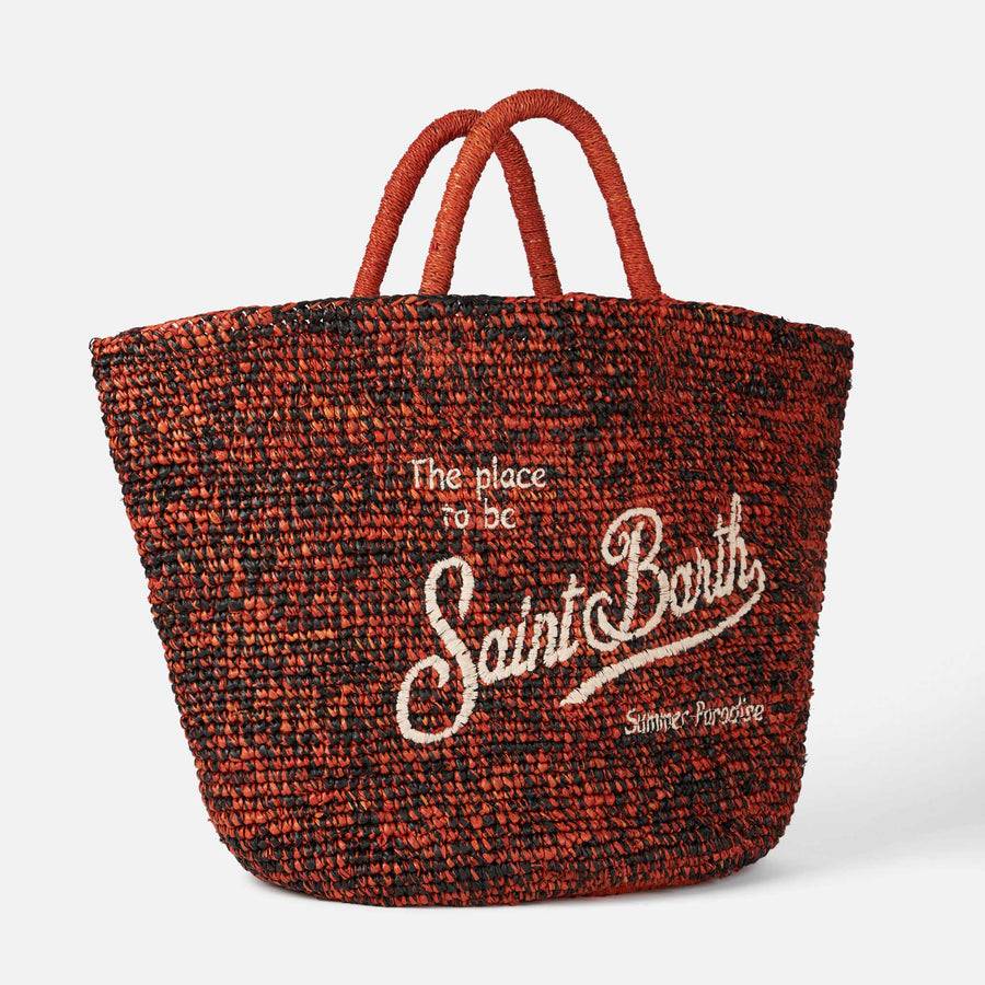 Mc2 Saint Barth Borsa In Rafia Nera E Arancione Con Ricamo Frontale
