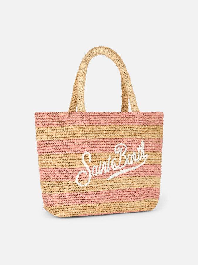 Mc2 Saint Barth Borsa Midi Beach In Rafia A Righe Rosa Con Pochette In Cotone