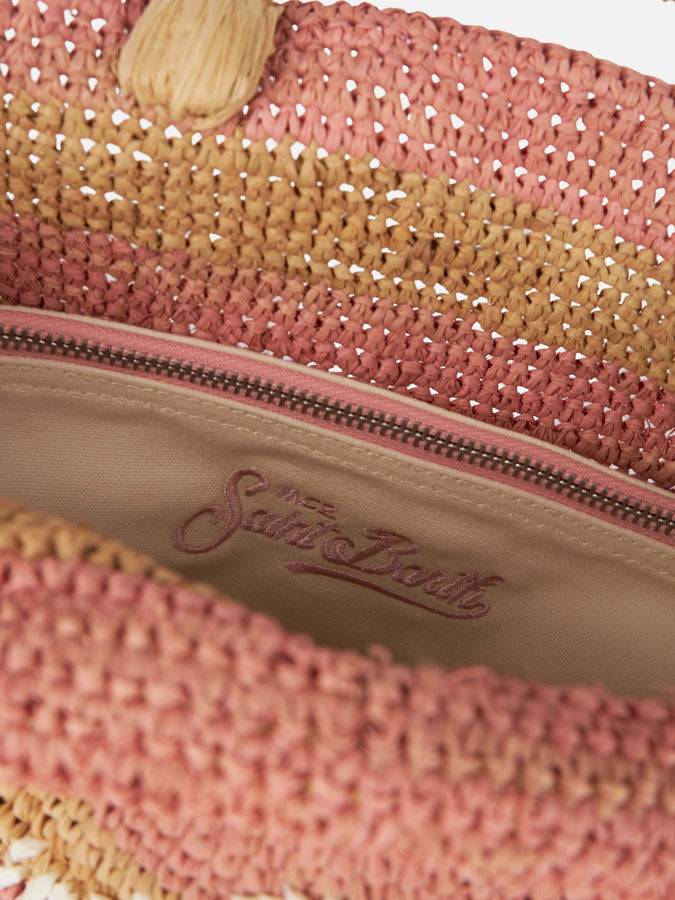 Mc2 Saint Barth Borsa Midi Beach In Rafia A Righe Rosa Con Pochette In Cotone
