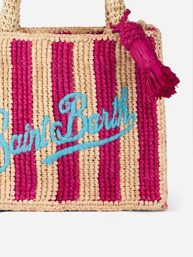 Mc2 Saint Barth Borsa Mini Vanity Raffia A Righe Fucsia Con Ricami