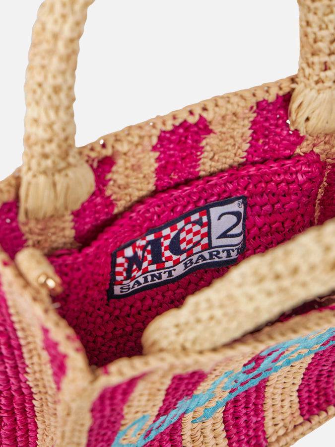 Mc2 Saint Barth Borsa Mini Vanity Raffia A Righe Fucsia Con Ricami