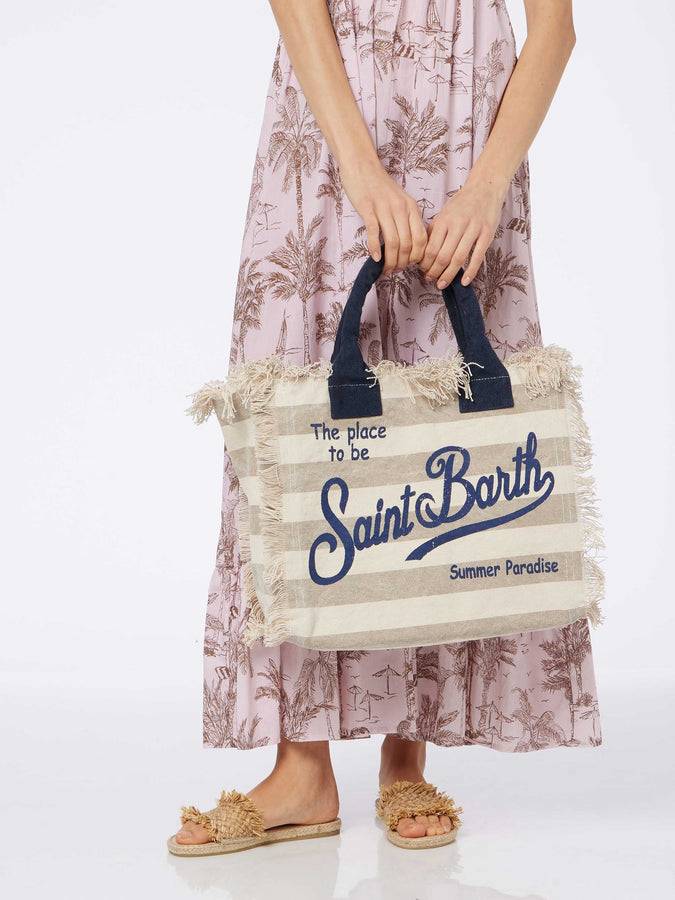 Mc2 Saint Barth Borsa Tote Vanity In Tela Di Cotone A Righe Beige