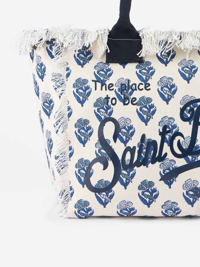 Mc2 Saint Barth Borsa Tote Vanity In Tela Di Cotone A Righe Indaco Con Fiori
