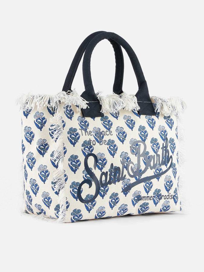 Mc2 Saint Barth Borsa Tote Vanity In Tela Di Cotone A Righe Indaco Con Fiori