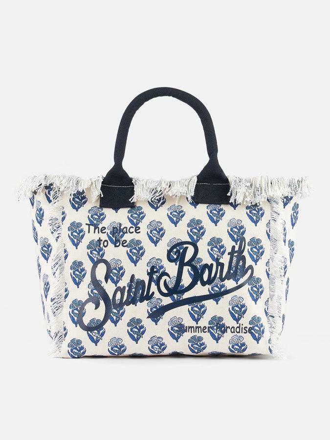 Mc2 Saint Barth Borsa Tote Vanity In Tela Di Cotone A Righe Indaco Con Fiori