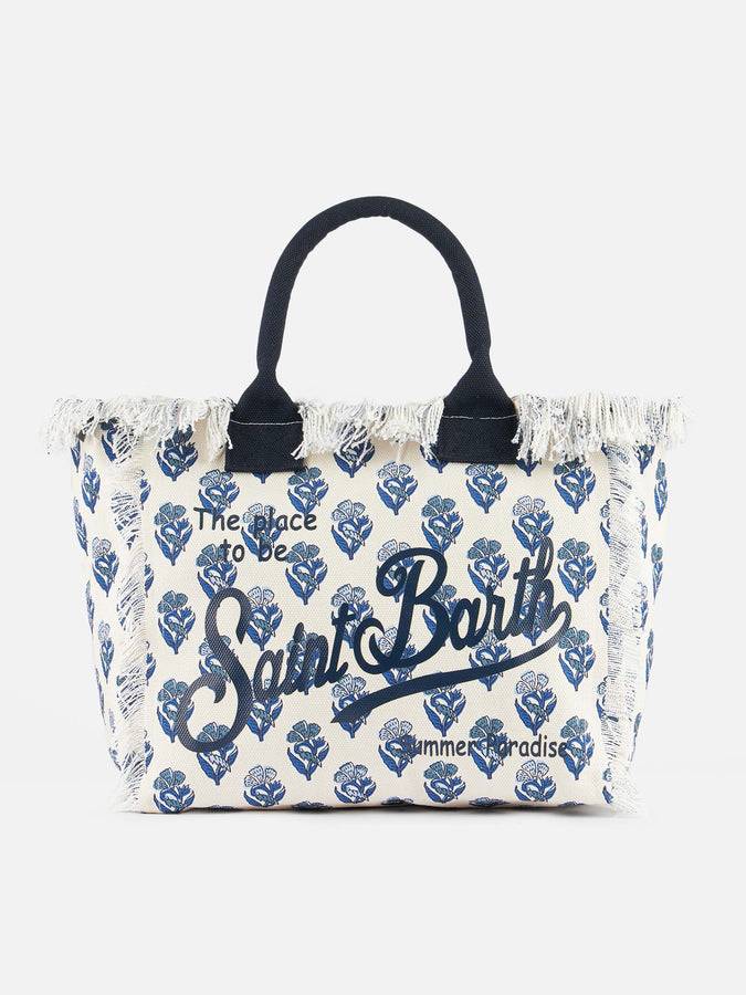 Mc2 Saint Barth Borsa tote Vanity in tela di cotone a righe indaco con fiori
