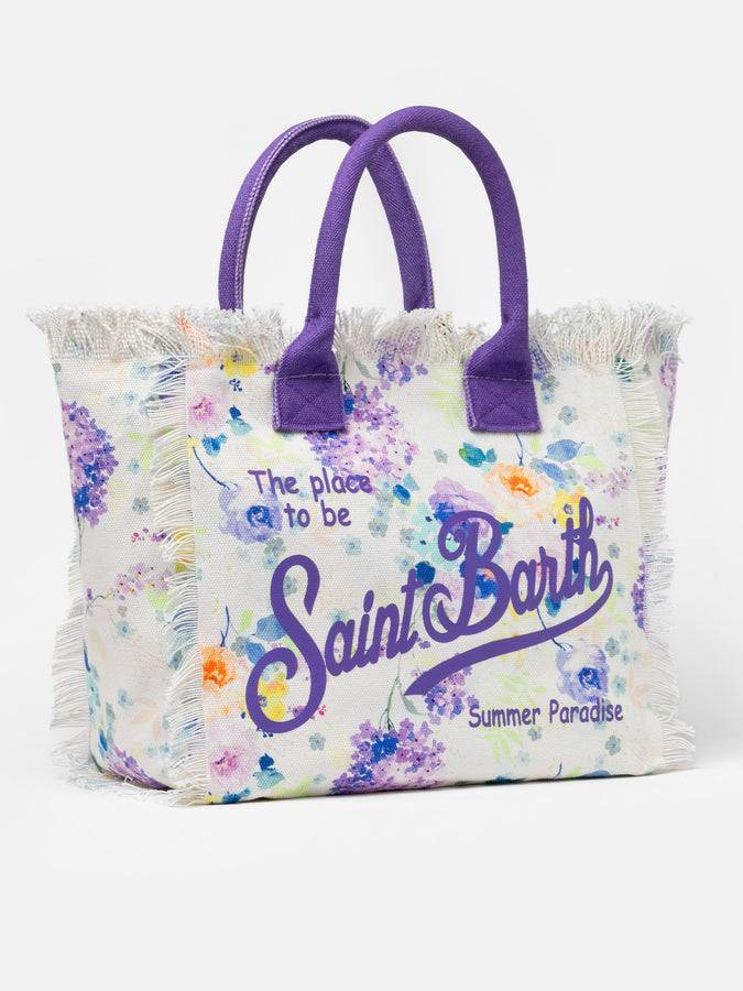 Mc2 Saint Barth Borsa Tote Vanity In Tela Di Cotone Con Fiori Color Acqua