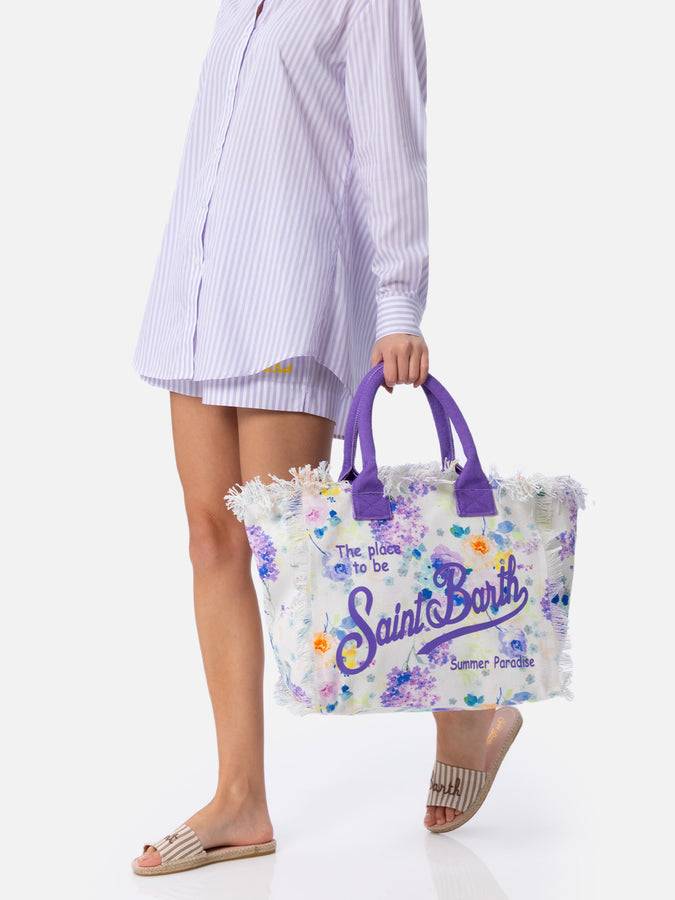 Mc2 Saint Barth Borsa Tote Vanity In Tela Di Cotone Con Fiori Color Acqua