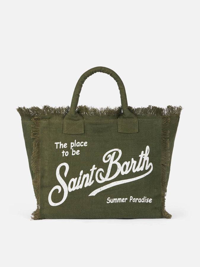 Mc2 Saint Barth Borsa tote Vanity Linen verde militare con ricami