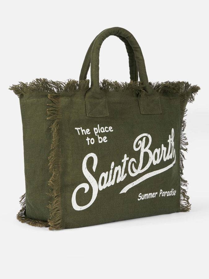 Mc2 Saint Barth Borsa Tote Vanity Linen Verde Militare Con Ricami