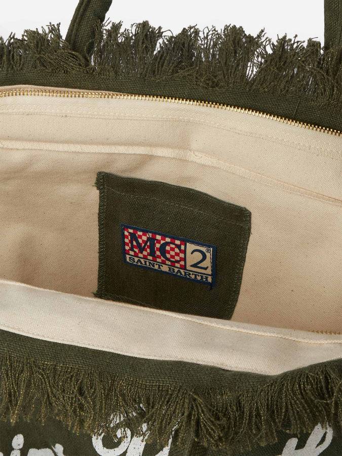 Mc2 Saint Barth Borsa Tote Vanity Linen Verde Militare Con Ricami