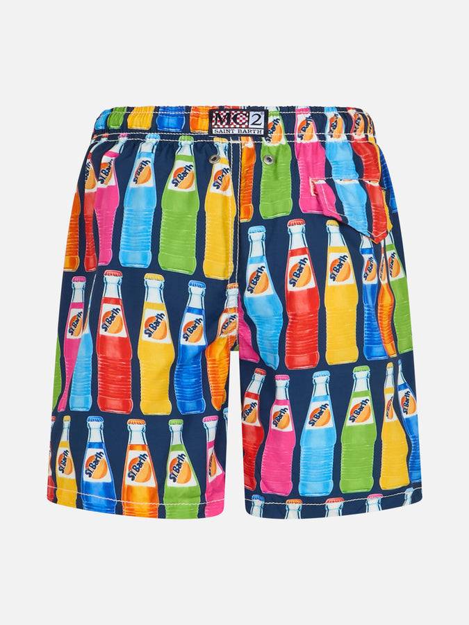 Mc2 Saint Barth Boy Lightweight Fabric Swim-shorts Jean Lighting With Pop Corn Print