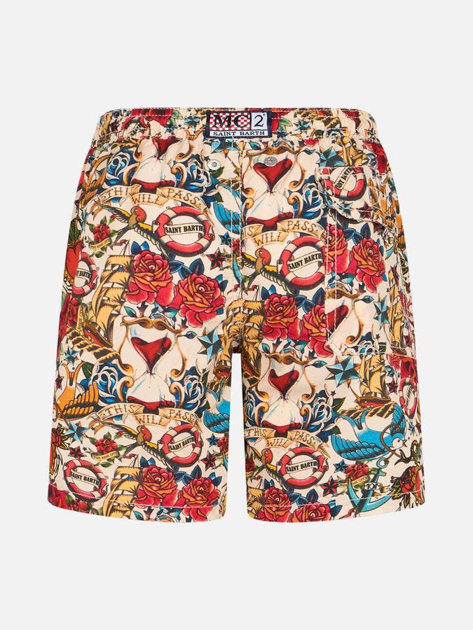 Mc2 Saint Barth Boy Mid-length Jean Swim-shorts With Striped Print