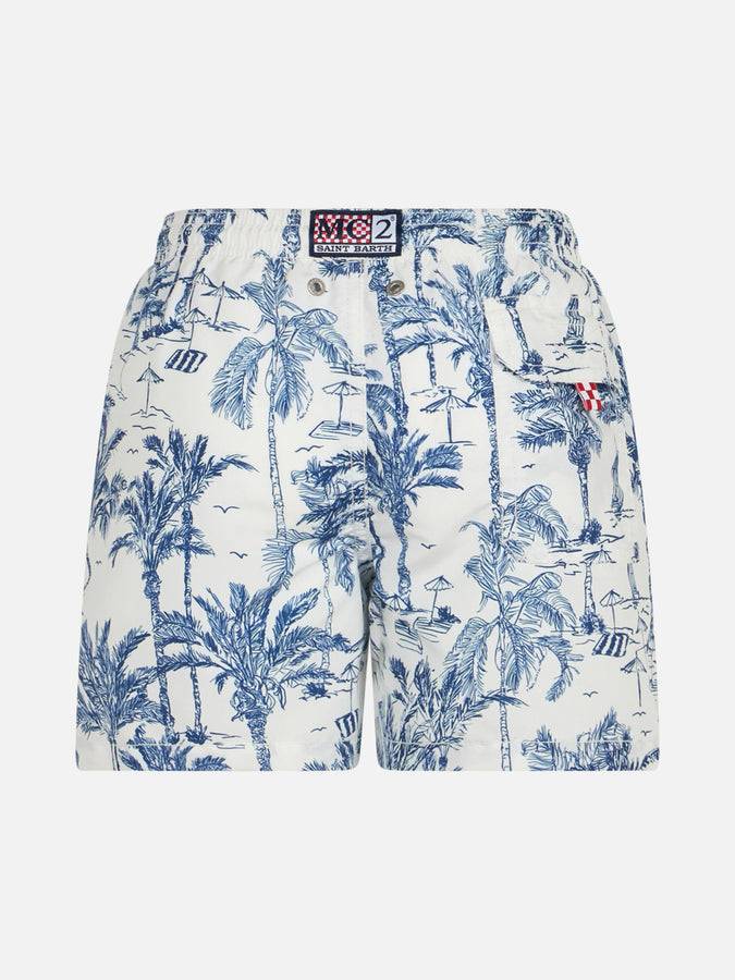 Mc2 Saint Barth Boy Mid-length Jean Swim-shorts With Toile De Jouy Print