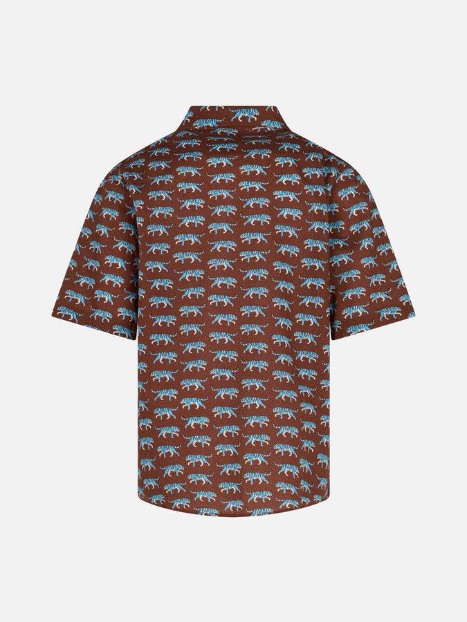 Mc2 Saint Barth Brown Boy Muslin Cotton Shirt Sharouk With Tiger Print