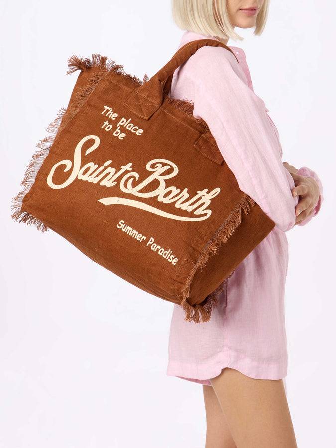 Mc2 Saint Barth Brown Vanity Linen Tote Bag With Saint Barth Logo