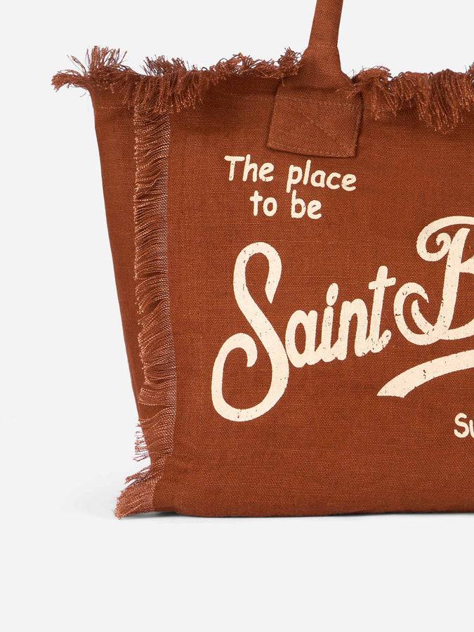 Mc2 Saint Barth Brown Vanity Linen Tote Bag With Saint Barth Logo
