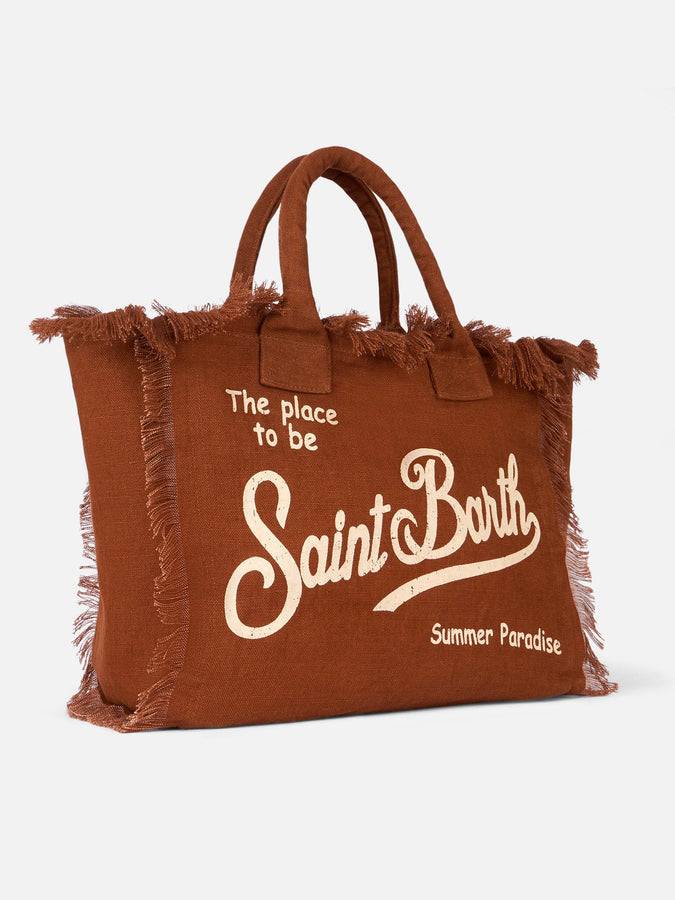 Mc2 Saint Barth Brown Vanity Linen Tote Bag With Saint Barth Logo