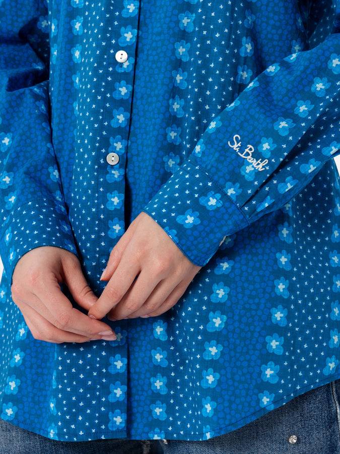 Mc2 Saint Barth Camicia Da Donna Brigitte In Cotone Con Stampa Fiori Indaco