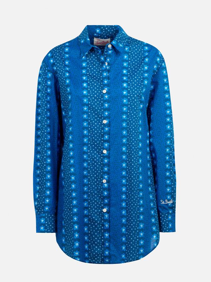Mc2 Saint Barth Camicia Da Donna Brigitte In Cotone Con Stampa Fiori Indaco