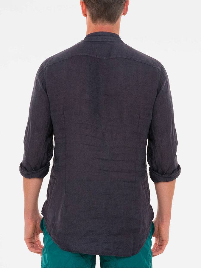 Mc2 Saint Barth Camicia Da Uomo Blu Navy In Lino Collo Alla Coreana