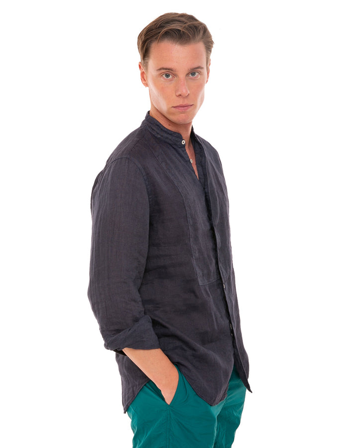 Mc2 Saint Barth Camicia Da Uomo Blu Navy In Lino Collo Alla Coreana