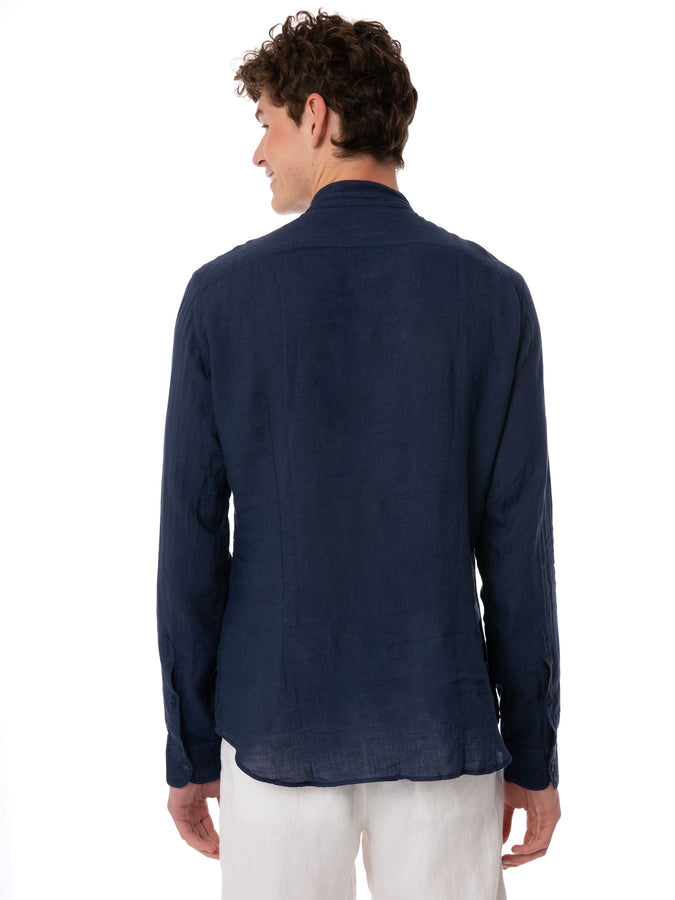Mc2 Saint Barth Camicia Da Uomo In Lino Blu Con Ricamo Fiori