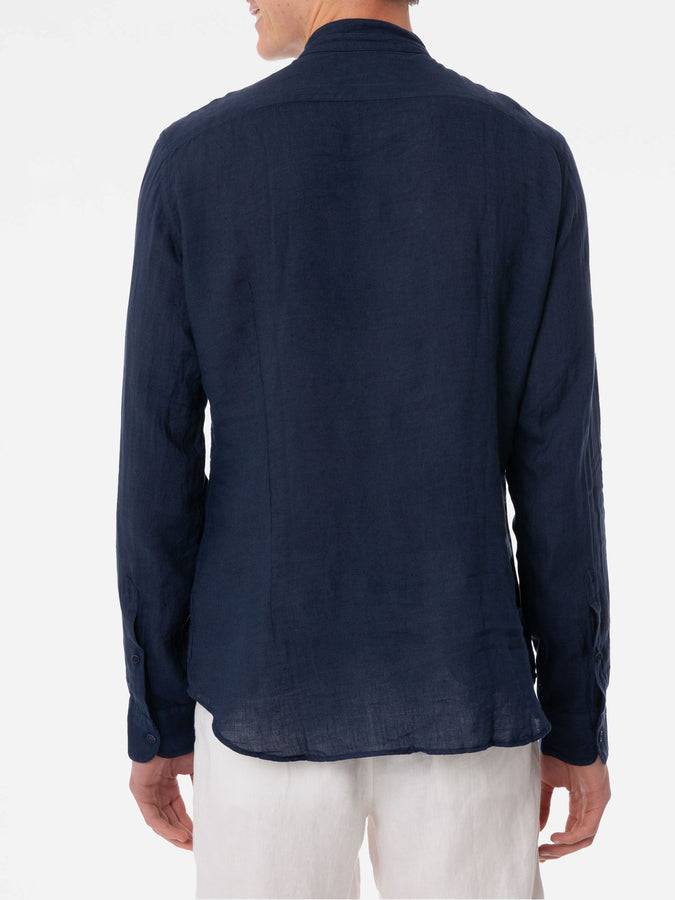 Mc2 Saint Barth Camicia Da Uomo In Lino Blu Con Ricamo Fiori