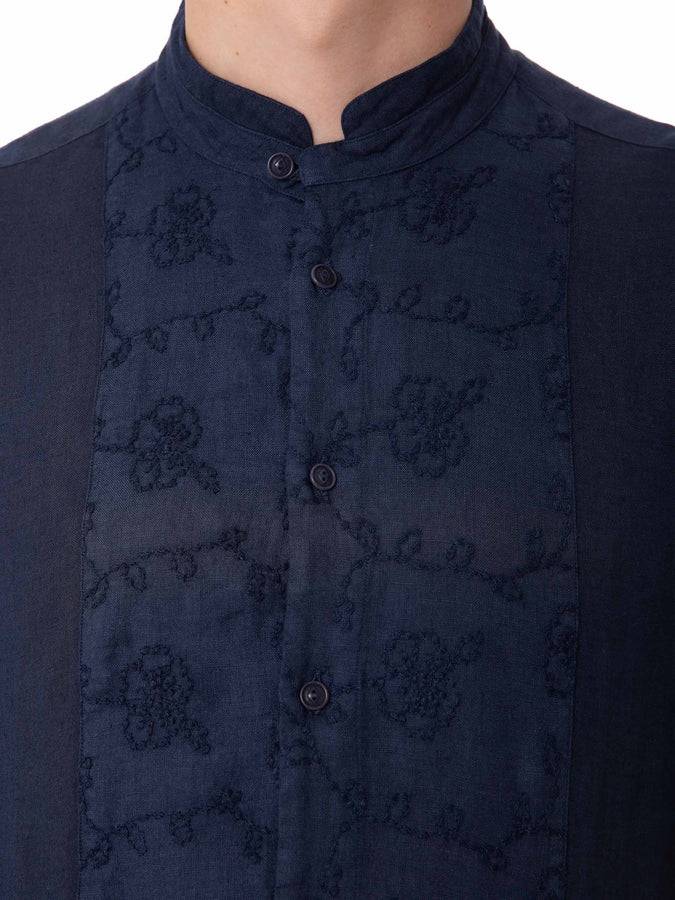 Mc2 Saint Barth Camicia Da Uomo In Lino Blu Con Ricamo Fiori