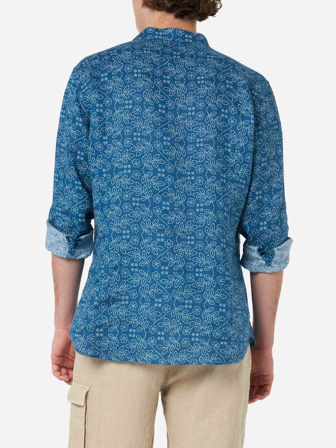 Mc2 Saint Barth Camicia Da Uomo In Lino Blu Navy Pamplona Con Stampa Sashiko