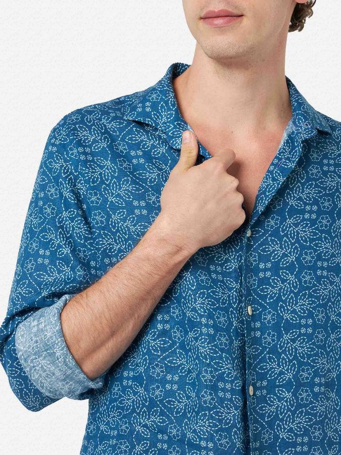Mc2 Saint Barth Camicia Da Uomo In Lino Blu Navy Pamplona Con Stampa Sashiko