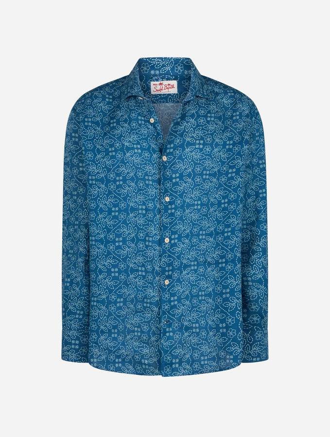 Mc2 Saint Barth Camicia Da Uomo In Lino Blu Navy Pamplona Con Stampa Sashiko