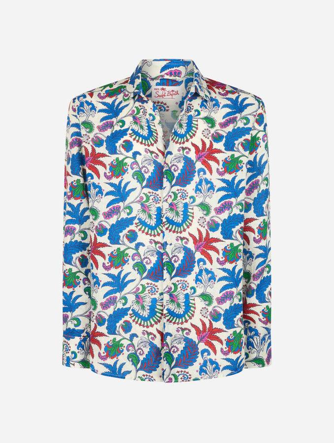 Mc2 Saint Barth Camicia Da Uomo In Lino Blu Navy Pamplona Con Stampa Fiori