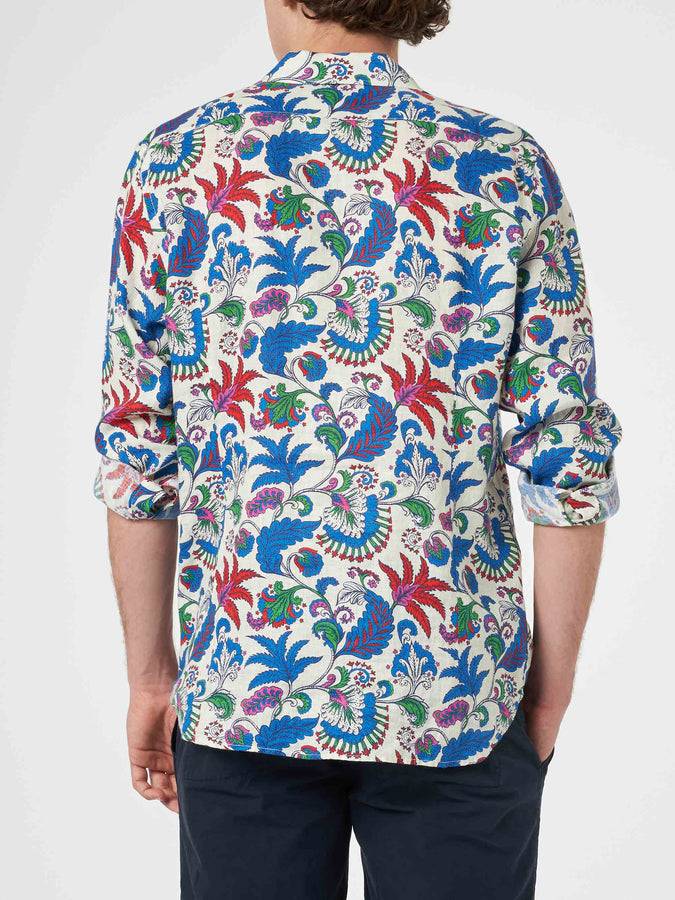 Mc2 Saint Barth Camicia Da Uomo In Lino Blu Navy Pamplona Con Stampa Fiori