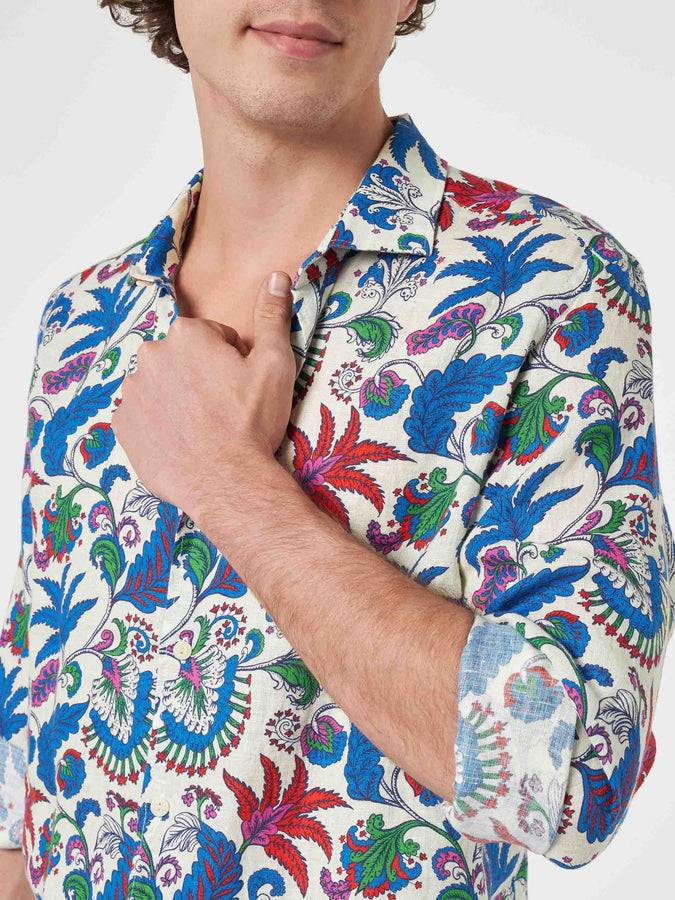 Mc2 Saint Barth Camicia Da Uomo In Lino Blu Navy Pamplona Con Stampa Fiori
