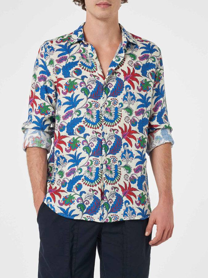 Mc2 Saint Barth Camicia da uomo in lino blu navy Pamplona con stampa fiori