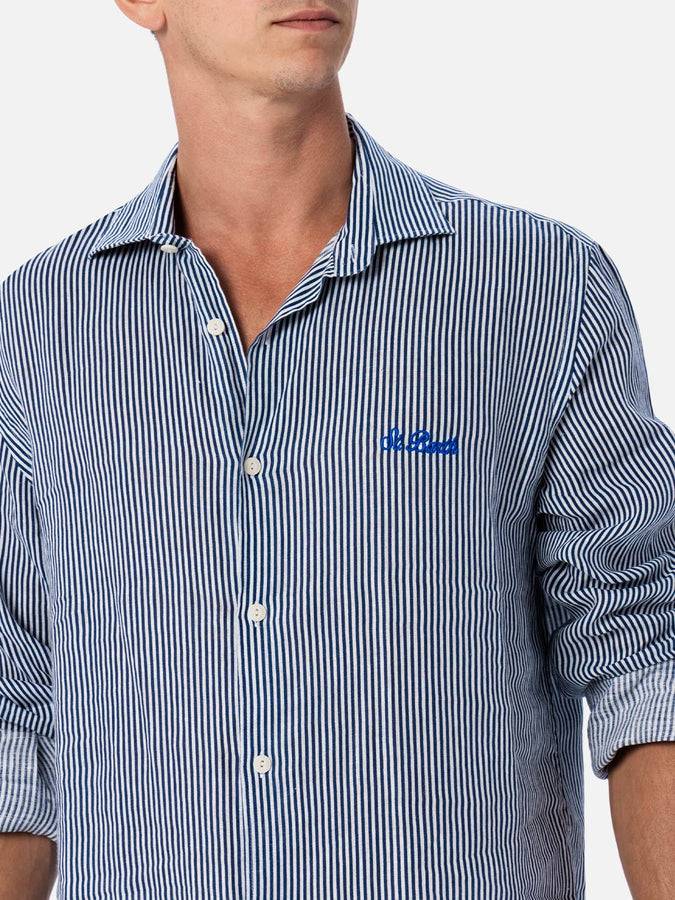 Mc2 Saint Barth Camicia Da Uomo In Lino Rigato Blu Navy Pamplona