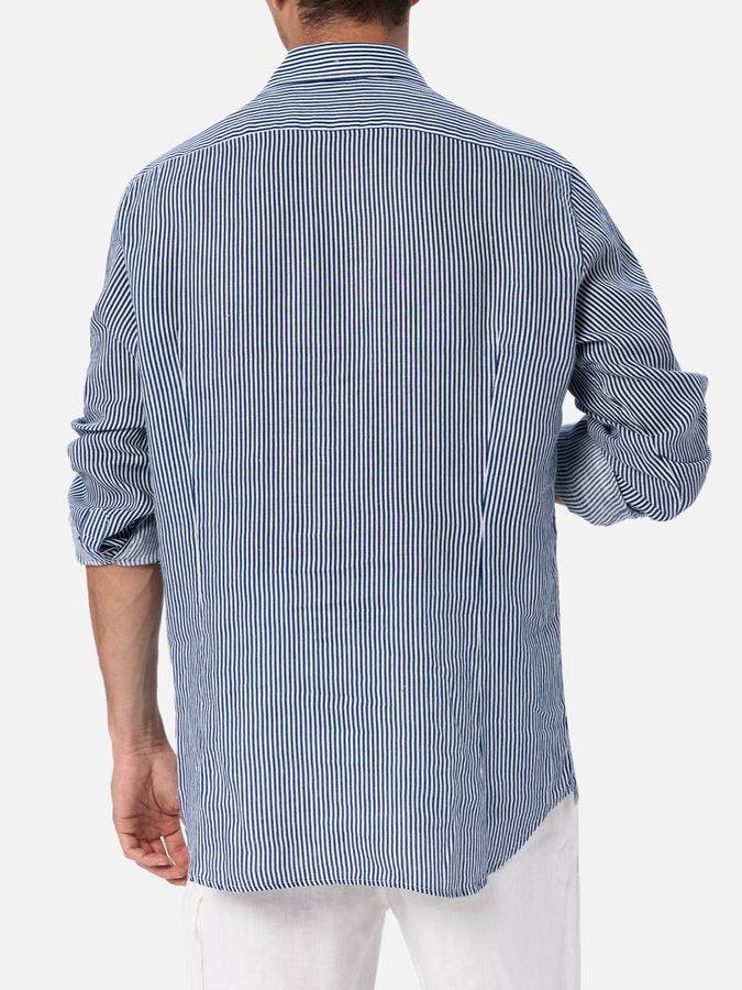 Mc2 Saint Barth Camicia Da Uomo In Lino Rigato Blu Navy Pamplona