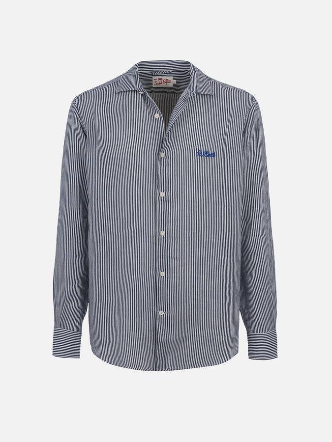 Mc2 Saint Barth Camicia Da Uomo In Lino Rigato Blu Navy Pamplona