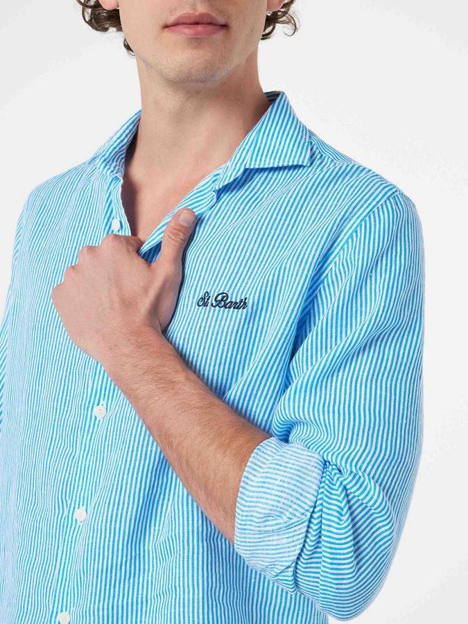 Mc2 Saint Barth Camicia Da Uomo In Lino Rigato Turchese Pamplona