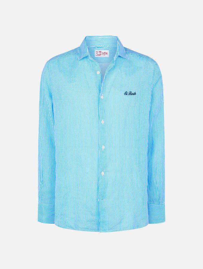 Mc2 Saint Barth Camicia Da Uomo In Lino Rigato Turchese Pamplona