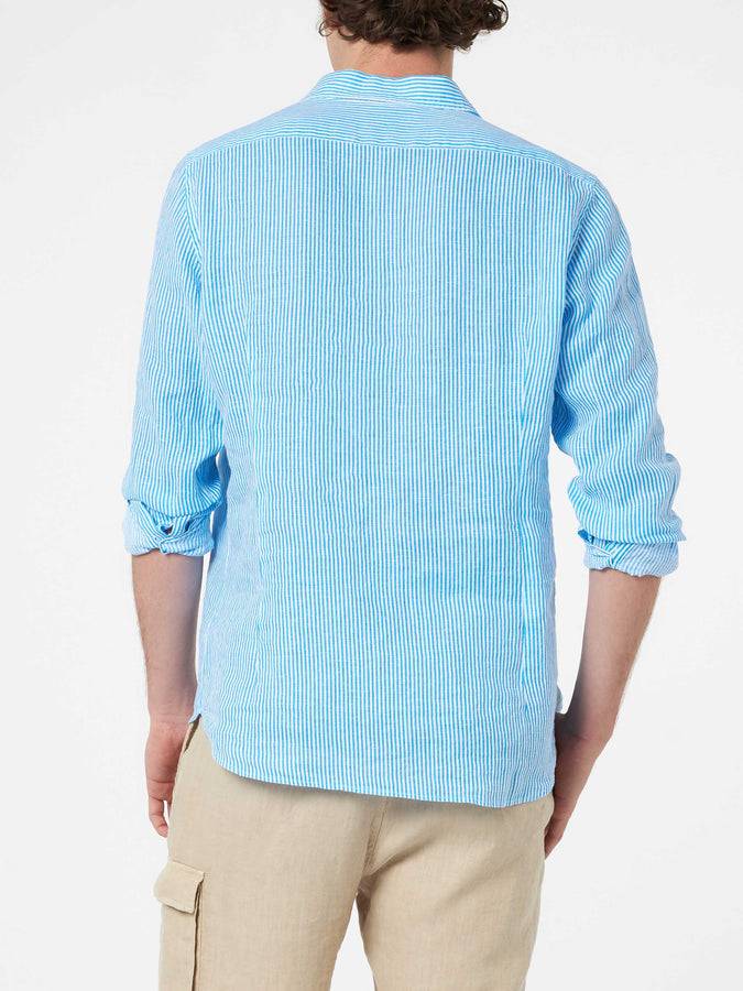 Mc2 Saint Barth Camicia Da Uomo In Lino Rigato Turchese Pamplona