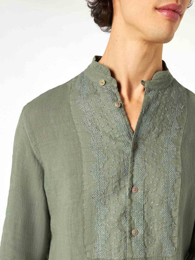 Mc2 Saint Barth Camicia Da Uomo In Lino Verde Militare