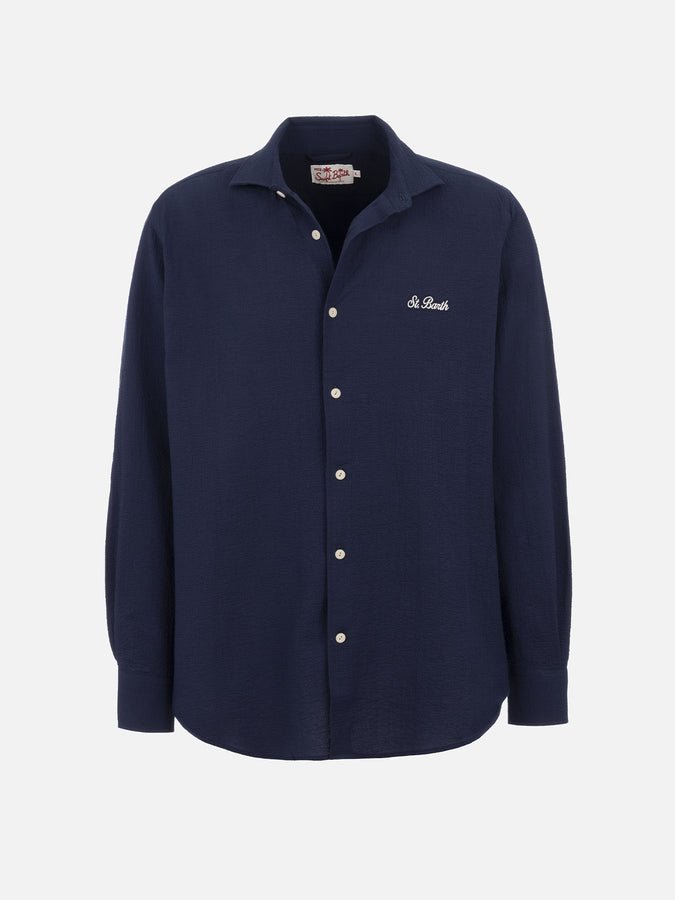 Mc2 Saint Barth Camicia Da Uomo In Seersucker Blu In Cotone Pamplona