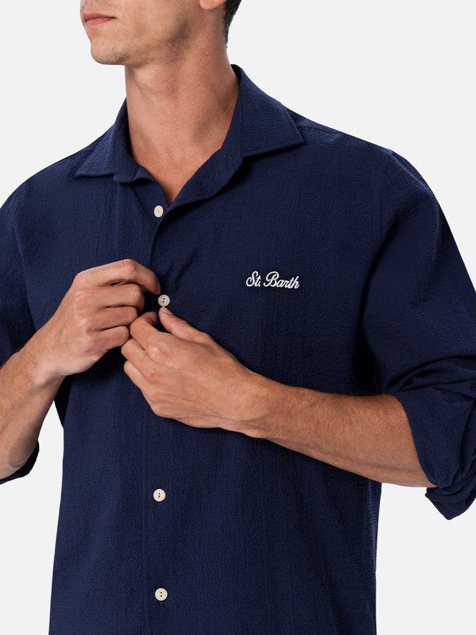 Mc2 Saint Barth Camicia Da Uomo In Seersucker Blu In Cotone Pamplona
