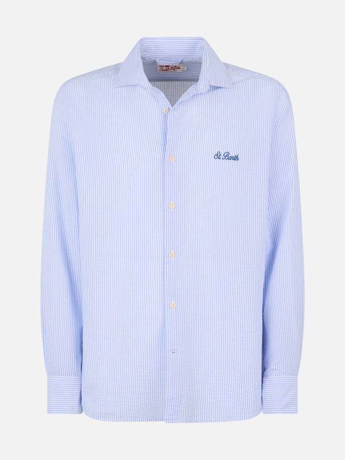 Mc2 Saint Barth Camicia da uomo Pamplona in cotone seersucker con righe azzurre