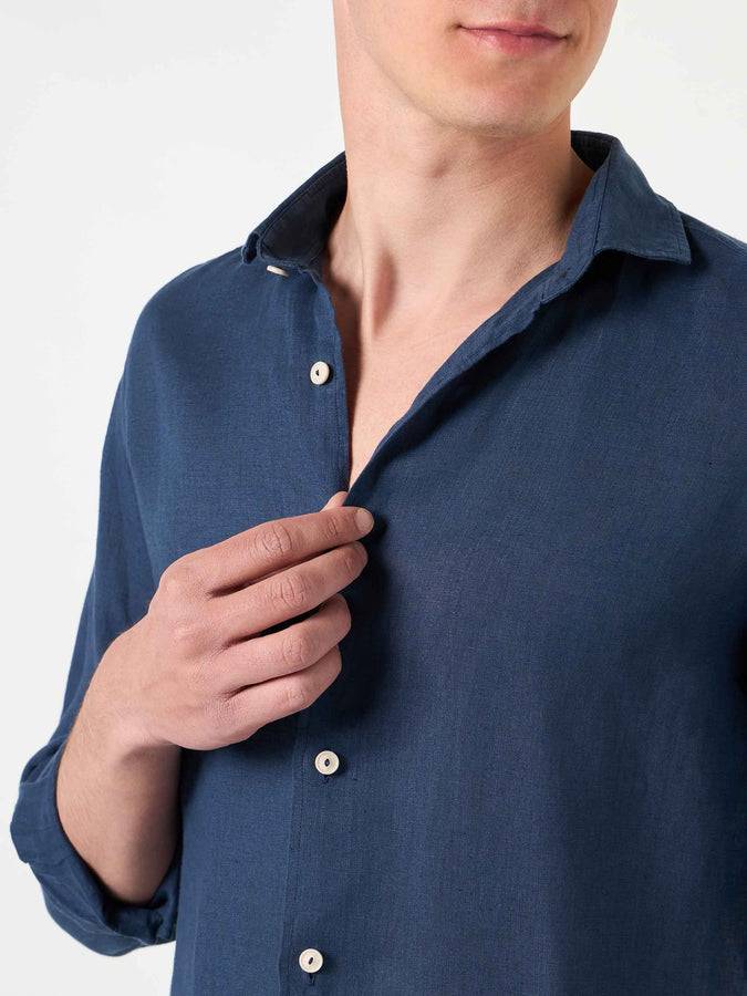 Mc2 Saint Barth Camicia Da Uomo Pamplona In Lino Blu Navy