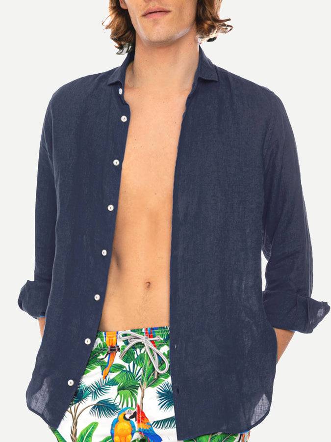 Mc2 Saint Barth Camicia da uomo Pamplona in lino blu navy