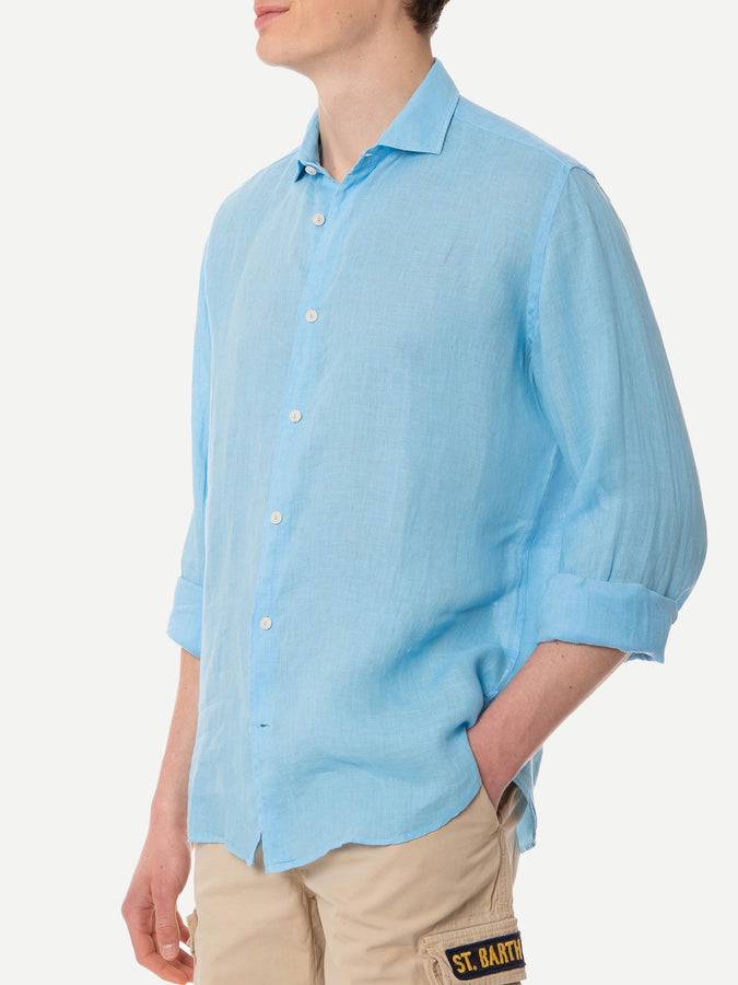 Mc2 Saint Barth Camicia Da Uomo Pamplona In Lino Celeste
